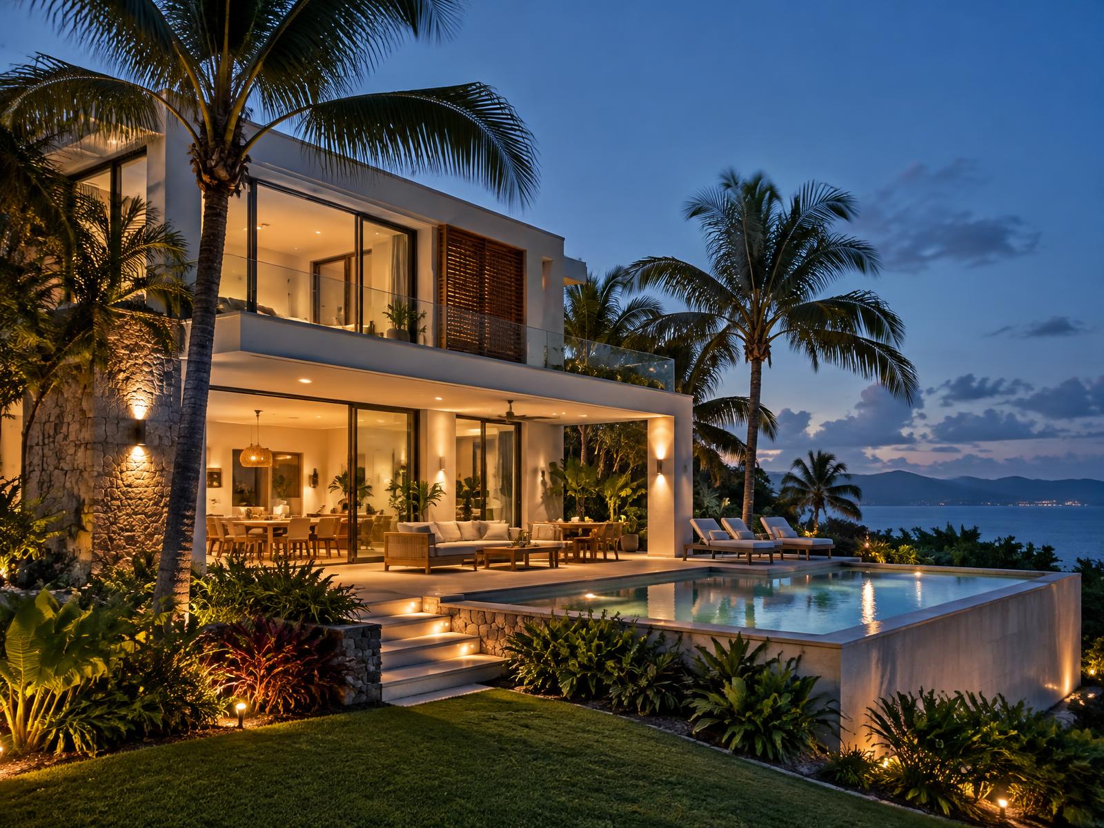 Residencia moderna en Puerto Rico iluminada al atardecer